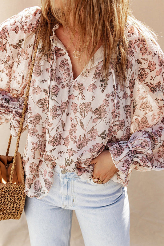 Floral Print V-neck Long Sleeve Blouse