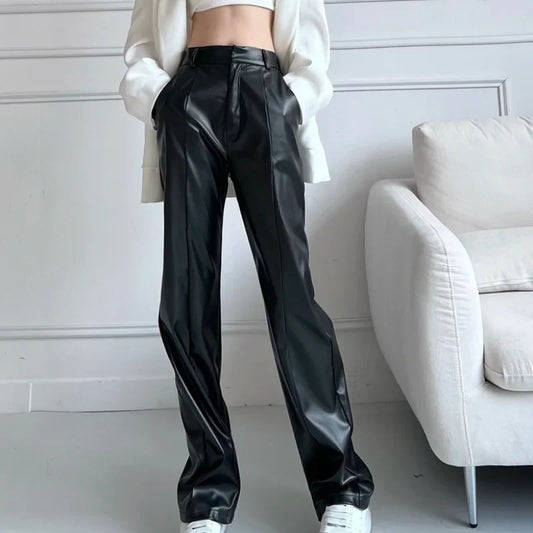 Winter High-waist Sensual Leather Long Black Shiny Bottoms Pants