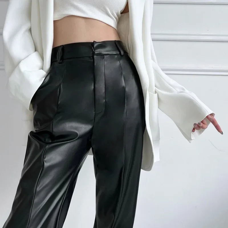 Winter High-waist Sensual Leather Long Black Shiny Bottoms Pants