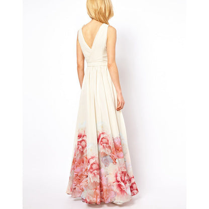 Bohemian Sleeveless V Neck Flower Print Long Dress