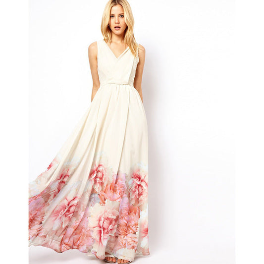 Bohemian Sleeveless V Neck Flower Print Long Dress