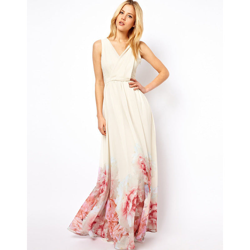 Bohemian Sleeveless V Neck Flower Print Long Dress