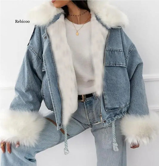 Autumn Winter Warm Faux Fur Short Denim Thicken Fashion Jackets