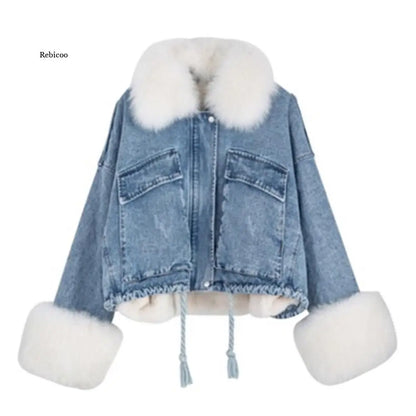 Autumn Winter Warm Faux Fur Short Denim Thicken Fashion Jackets