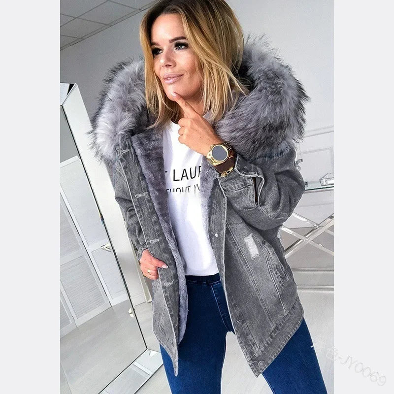 Autumn Retro Big Fur Collar Distressed Temperament Stitching Jackets