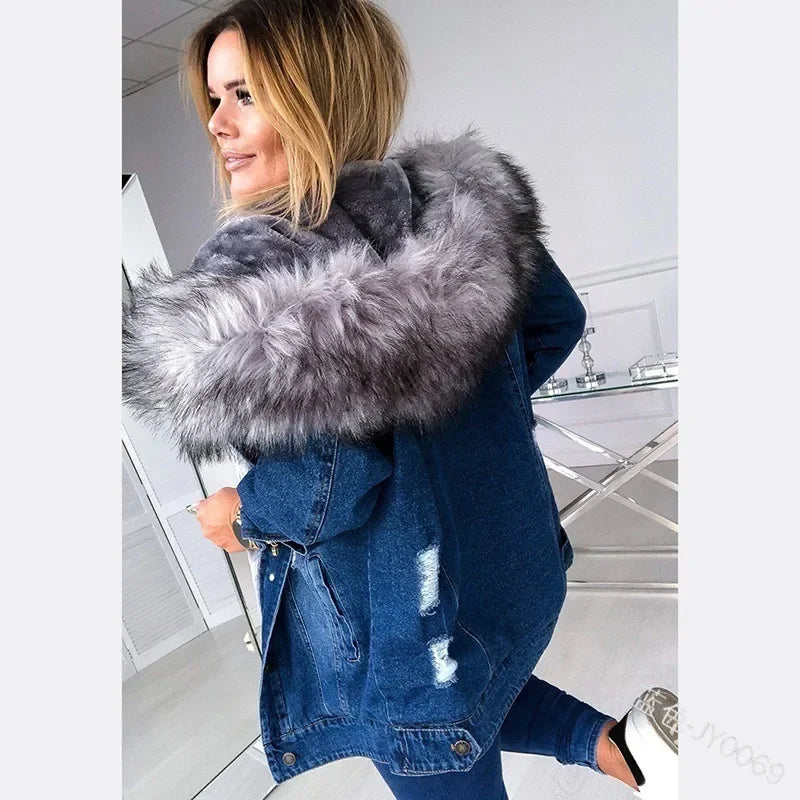 Autumn Retro Big Fur Collar Distressed Temperament Stitching Jackets