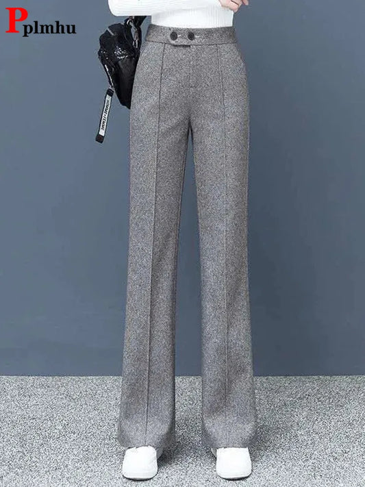 Big Size Thick Wool Blend Korean Wide Leg Winter Casual High Waist Loose Pants