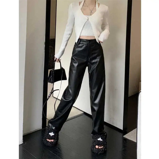 Black Pu Leather High Waist Straight Wide Fashion Streetwear Size Pants