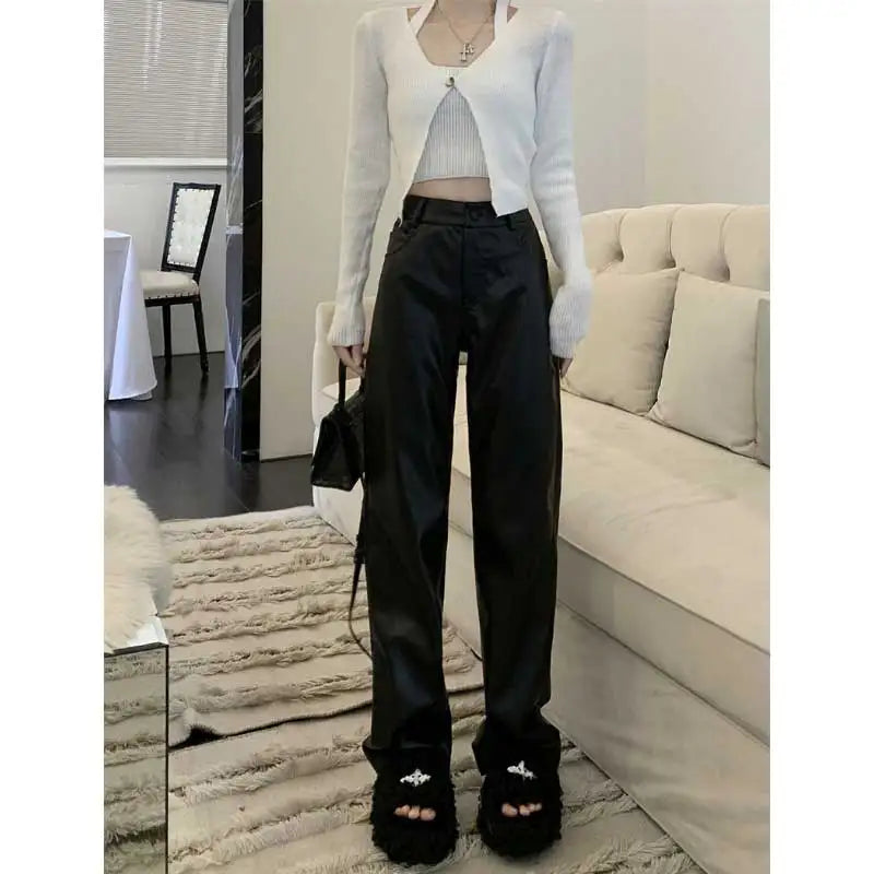 Black Pu Leather High Waist Straight Wide Fashion Streetwear Size Pants