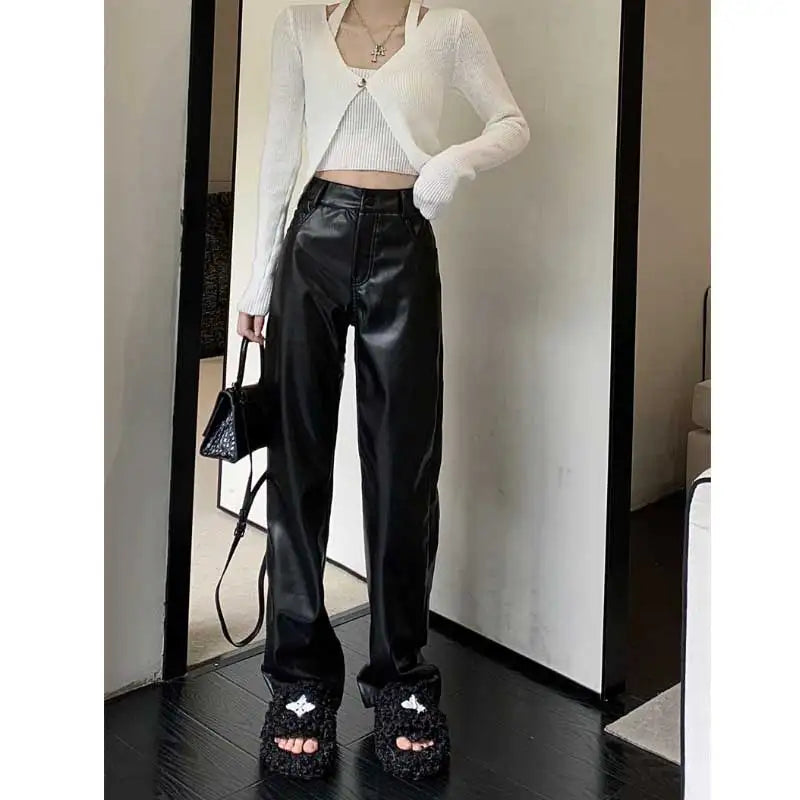 Black Pu Leather High Waist Straight Wide Fashion Streetwear Size Pants