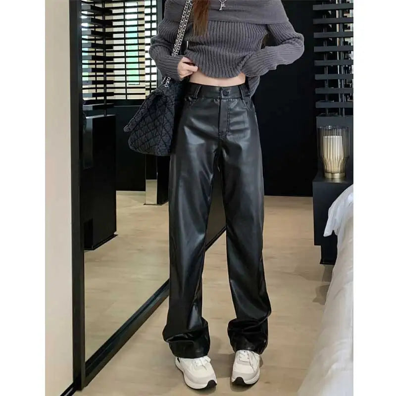 Black Pu Leather High Waist Straight Wide Fashion Streetwear Size Pants