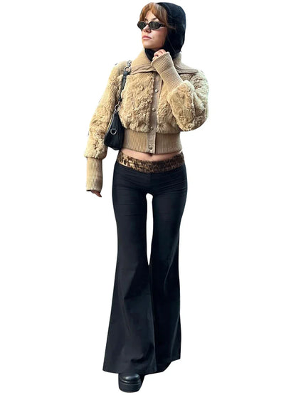 Fashionable Leopard Print Patchwork Low Waist Casual Solid Pants