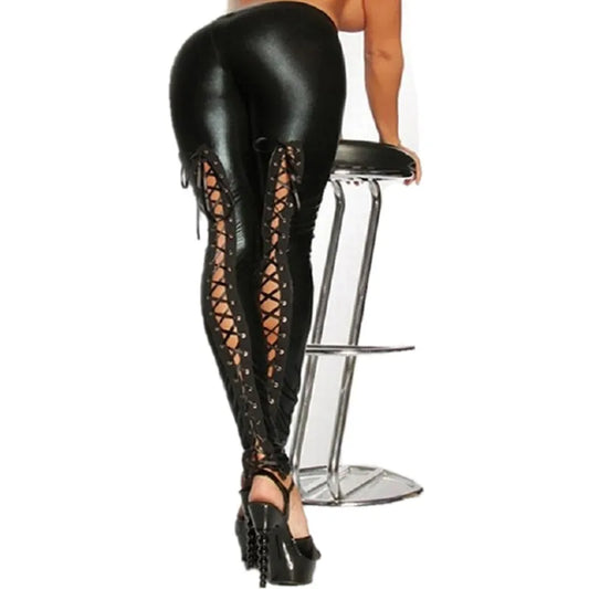 Sexy Club Lace Up Stretch Leather Nightclub Black Punk Leggings