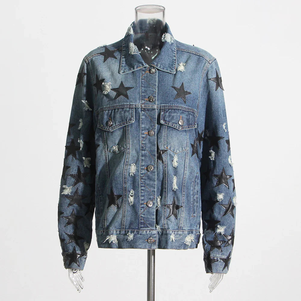 Denim Patchwork Lapel Long Sleeve Single Breasted Jackets