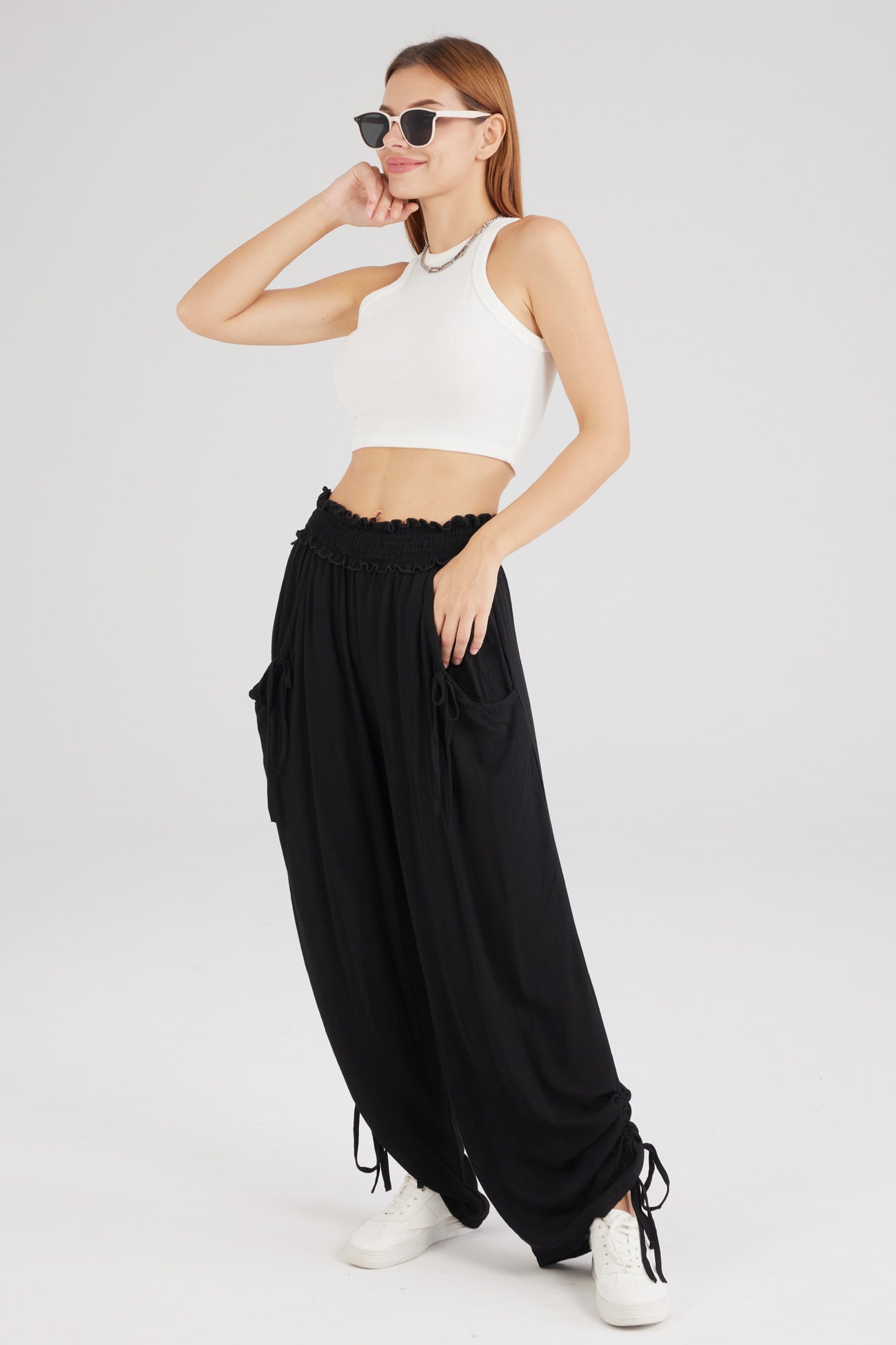 Drawstring Waist Wide Leg Trousers