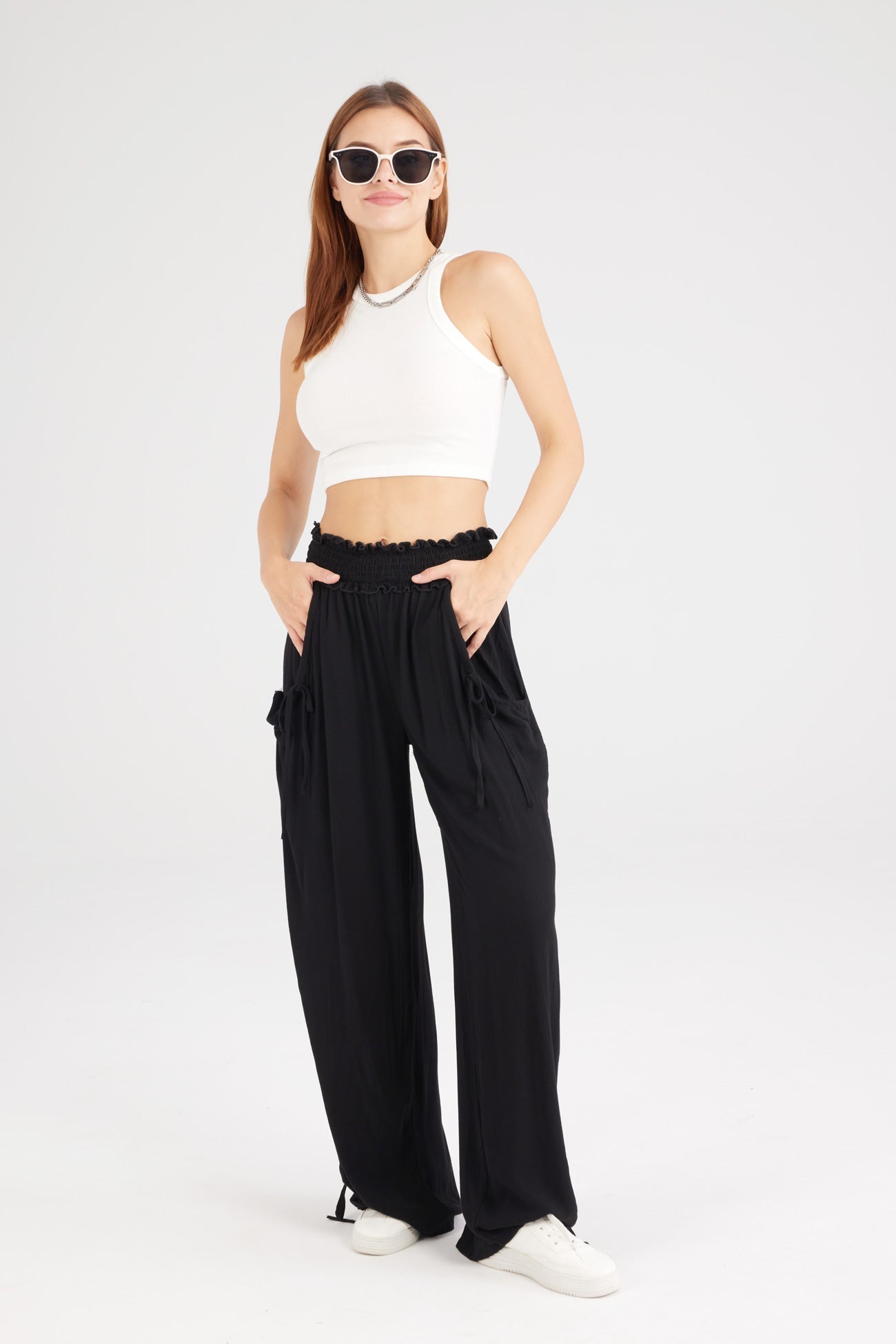 Drawstring Waist Wide Leg Trousers