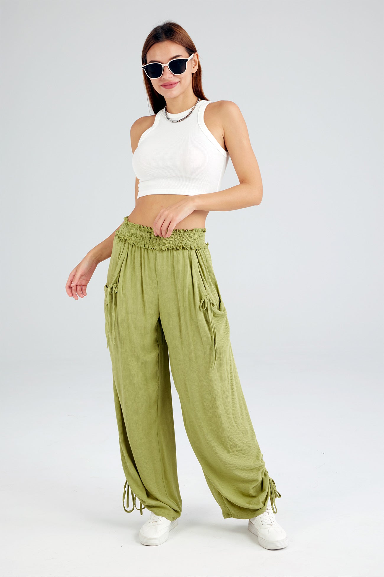 Drawstring Waist Wide Leg Trousers