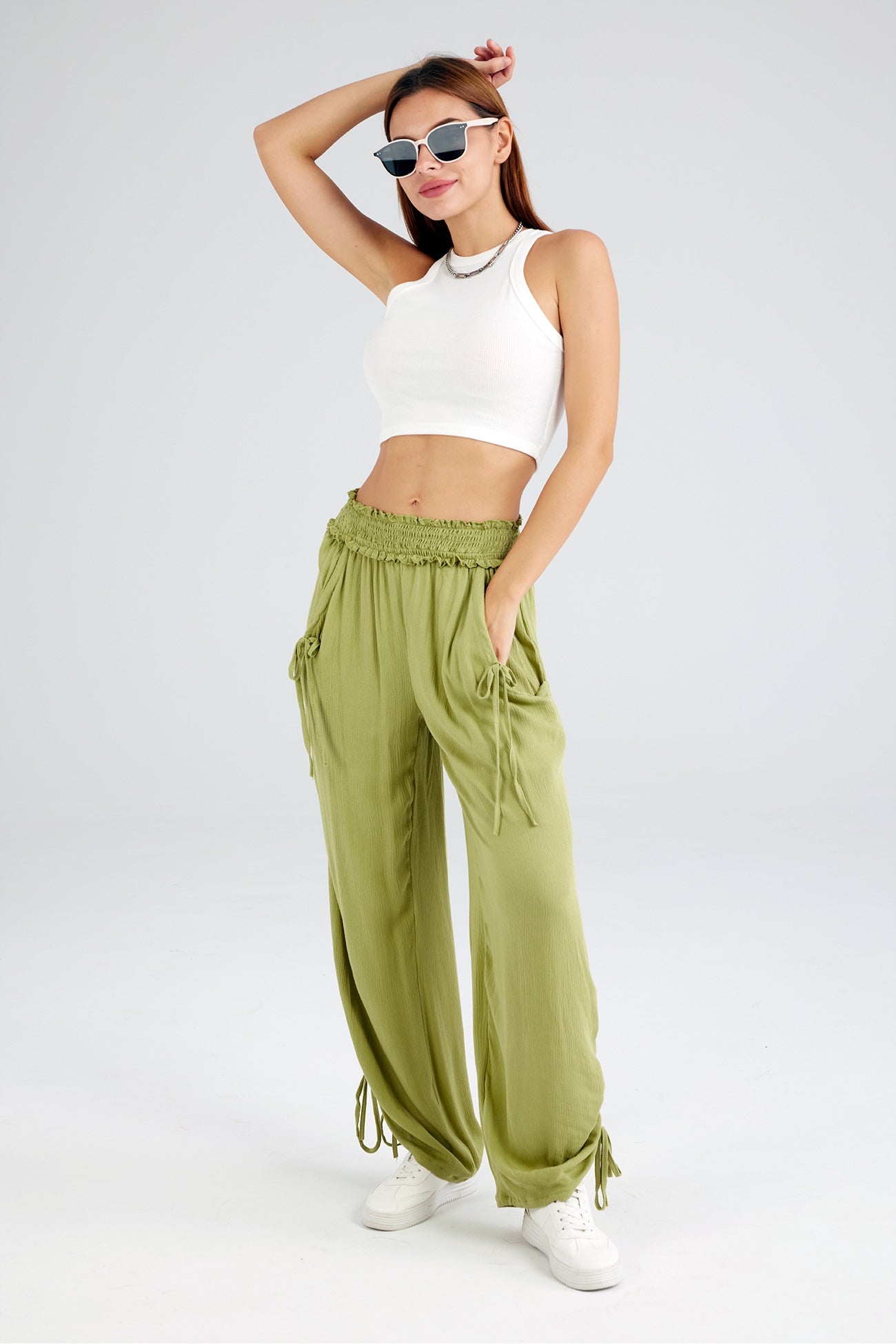 Drawstring Waist Wide Leg Trousers