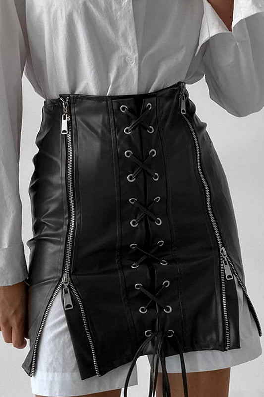 Eyelet Strap Hip Leather Skirt