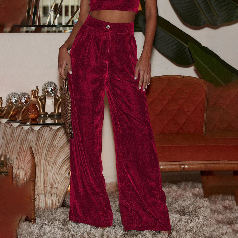 Long Flowy Elegant High Waisted Velvet Wide Leg Size Winter Pants