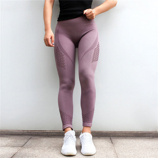 Lost Utopia - Mojoyce Hollow Yoga Leggings For Women Sports Leggings Seamless Fitness Yoga Pants Waist Push Up Workout Running Solid Tights Pants