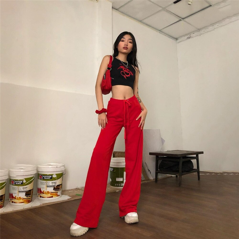 Lost Utopia - mojoyce High Waist Wide Leg Pants Women Streetwear Letter Embroidery Red Black Sweatpants Harajuku Trousers C94-AC97