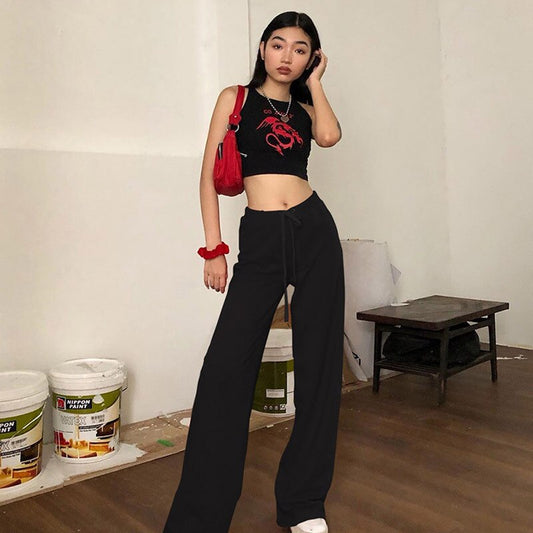 Lost Utopia - mojoyce High Waist Wide Leg Pants Women Streetwear Letter Embroidery Red Black Sweatpants Harajuku Trousers C94-AC97