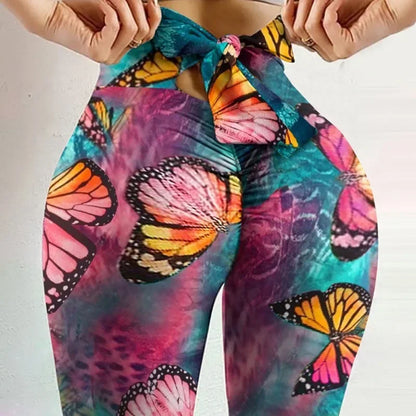 High Waist Butterfly Printed Bowknot Yoga Bow Bandage Tights Butt Lift Leggings