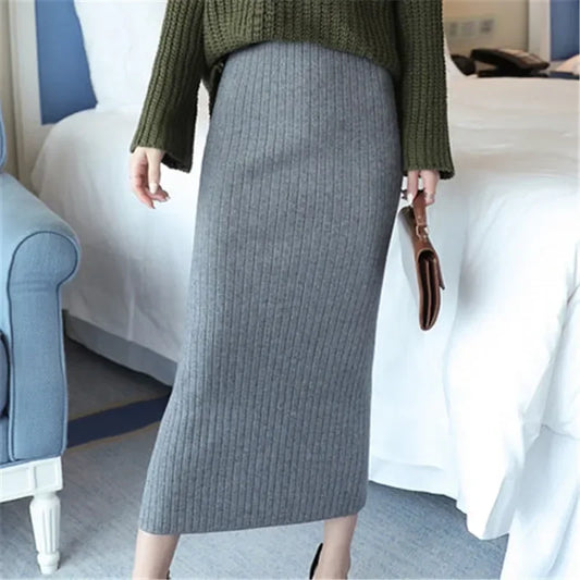 High Quality Woolen Slim Office Midi Skirt