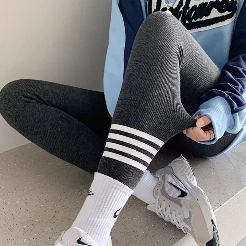 Winter Korean Fashion Striped Plush Thick Warm Comfortable High Stretchy Leggings