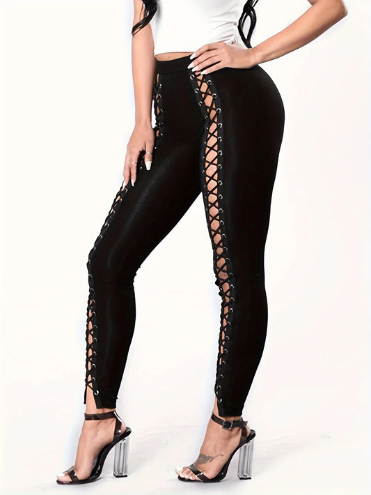 New Women's Patchwork Nine-point Front Lacing Straps Tight Black Leggings