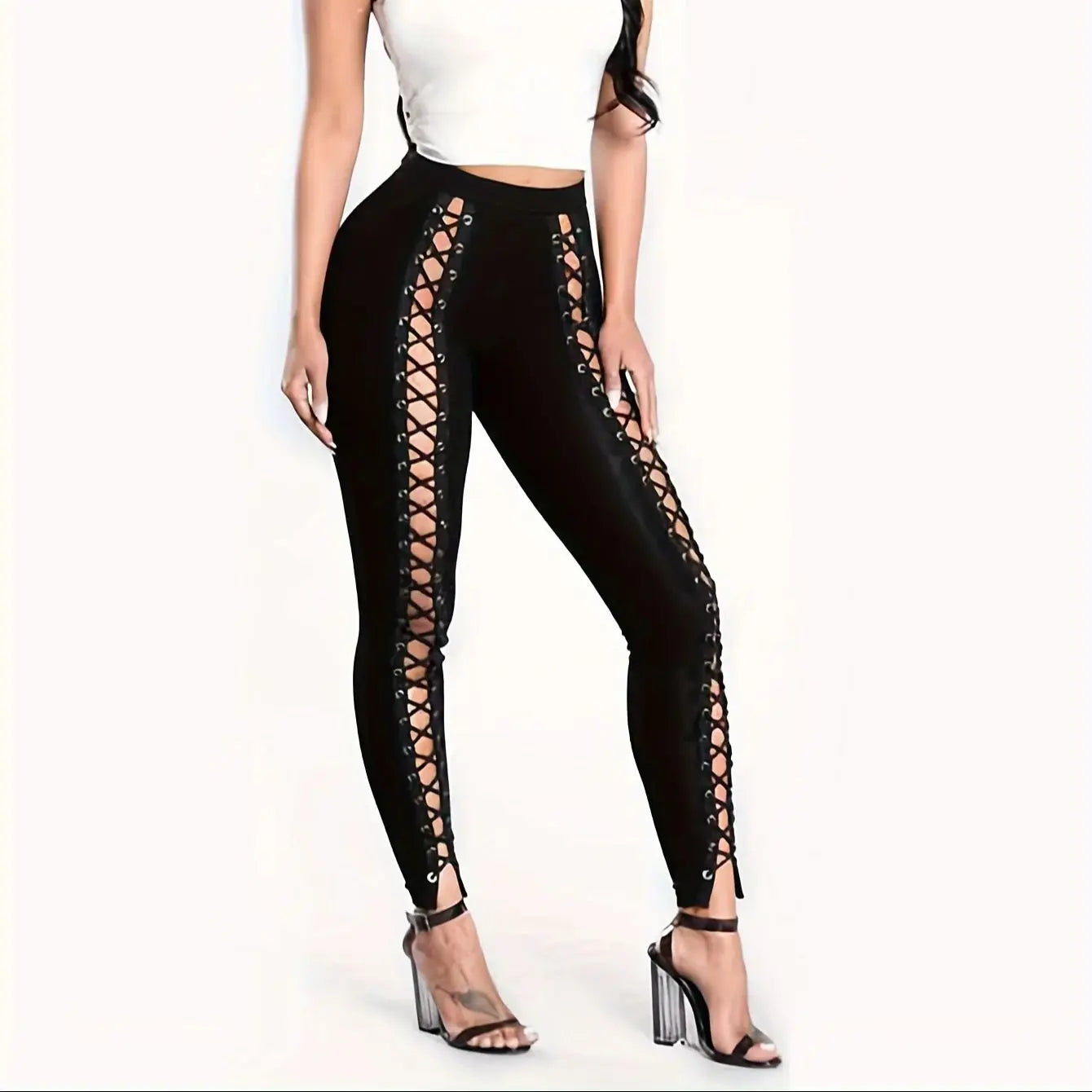 New Women's Patchwork Nine-point Front Lacing Straps Tight Black Leggings