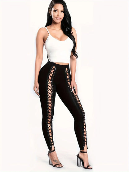 New Women's Patchwork Nine-point Front Lacing Straps Tight Black Leggings