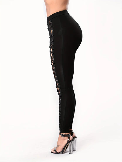 New Women's Patchwork Nine-point Front Lacing Straps Tight Black Leggings