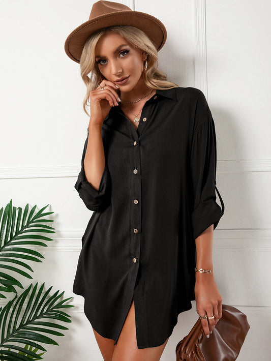 Jeanette Button Tunic Top - Black