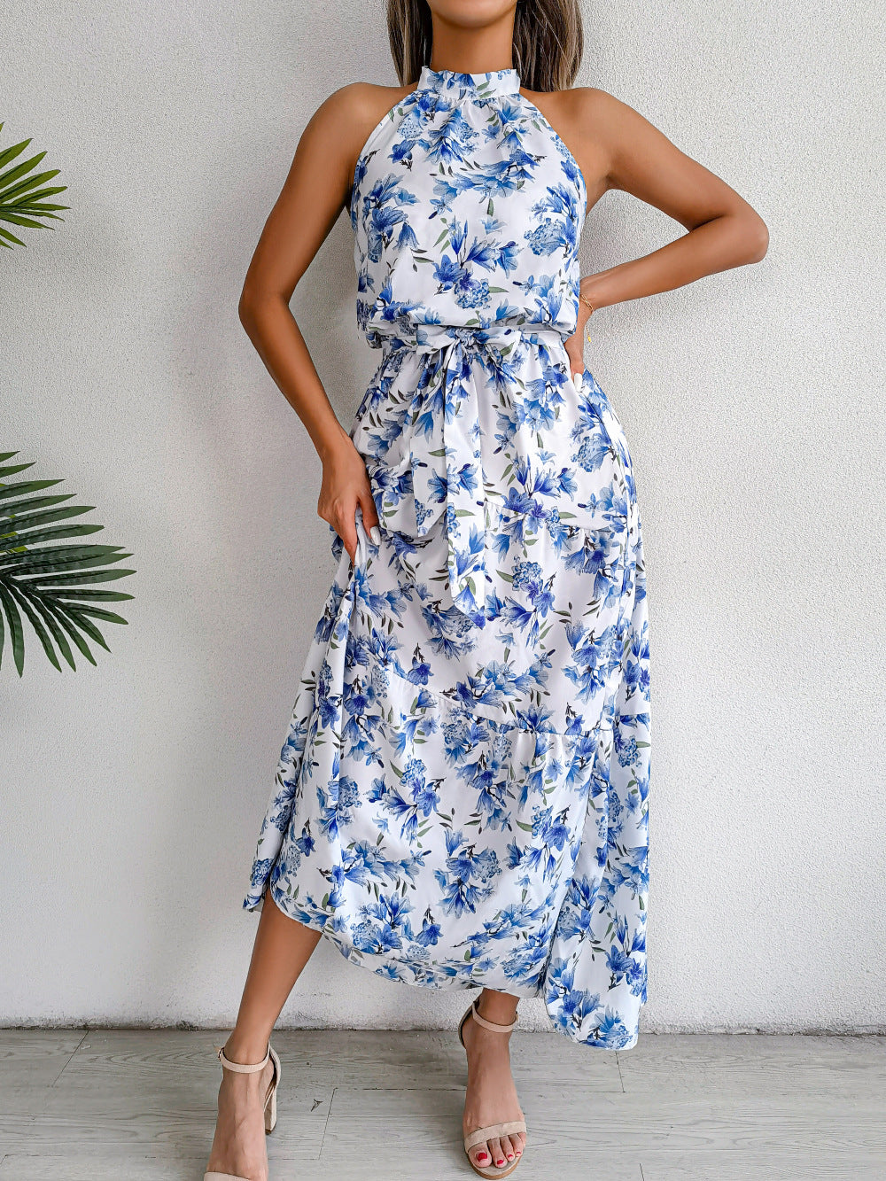 Sure Floral Chiffon Halter Maxi Dress - Blue - FINAL SALE