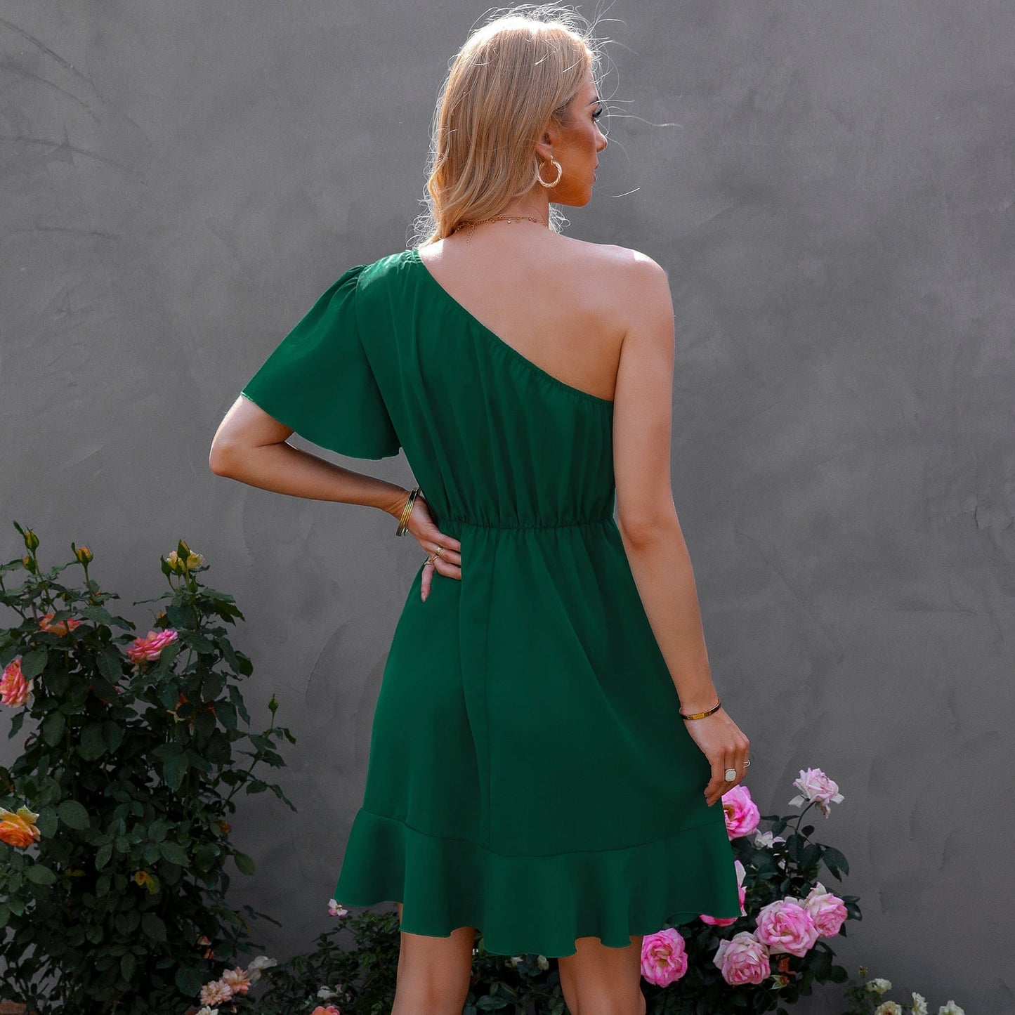 Kaine Satin One Shoulder Ruffle Dress Hunter Green - FINAL SALE