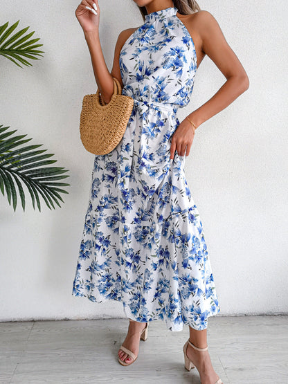 Sure Floral Chiffon Halter Maxi Dress - Blue - FINAL SALE