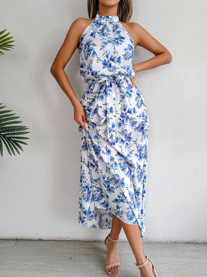 Sure Floral Chiffon Halter Maxi Dress - Blue - FINAL SALE