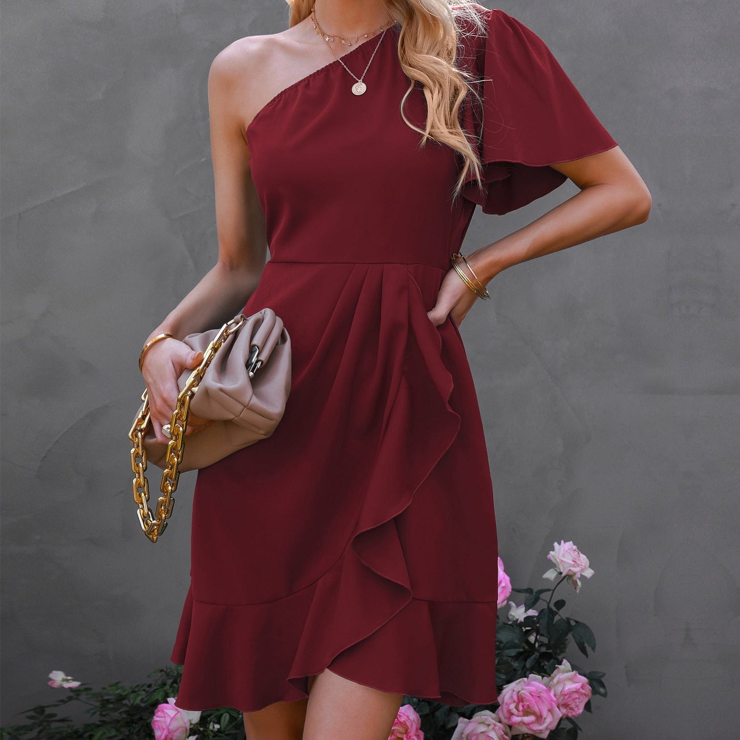 Kaine Satin One Ruffle Dress - Red - FINAL SALE