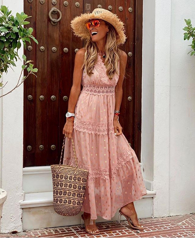 Starlit Peplum Maxi Dress - Peach