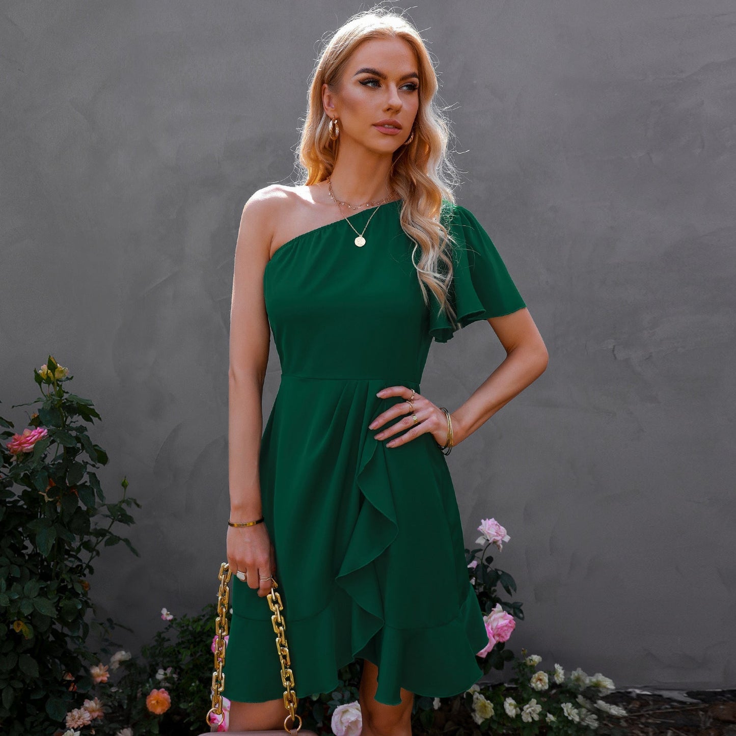 Kaine Satin One Shoulder Ruffle Dress Hunter Green - FINAL SALE