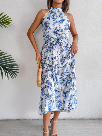 Sure Floral Chiffon Halter Maxi Dress - Blue - FINAL SALE