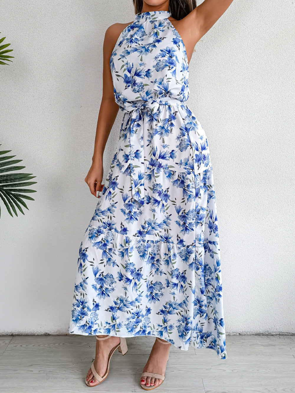 Sure Floral Chiffon Halter Maxi Dress - Blue - FINAL SALE