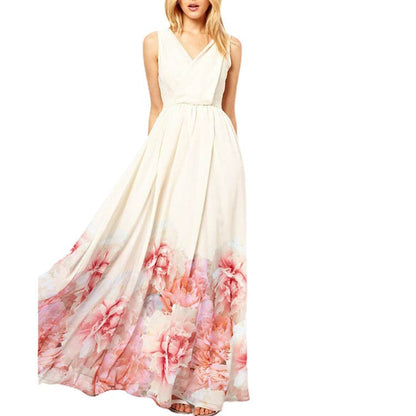 Bohemian Sleeveless V Neck Flower Print Long Dress