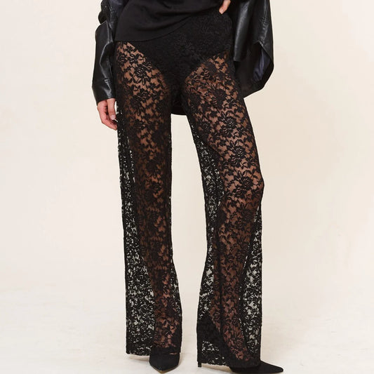 Sheer Lace Transparent Gothic High Waist Wide Flare Sexy Pants