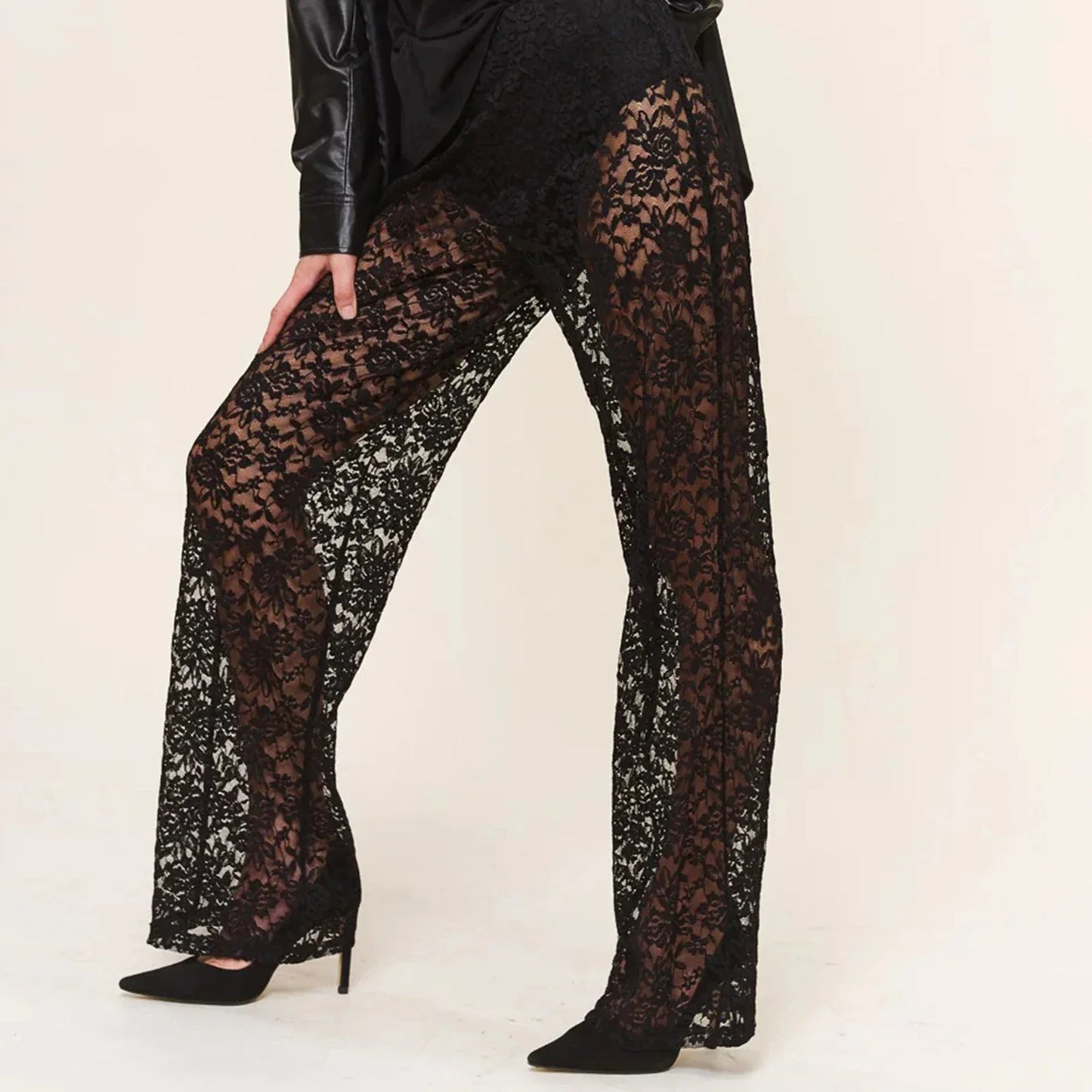 Sheer Lace Transparent Gothic High Waist Wide Flare Sexy Pants