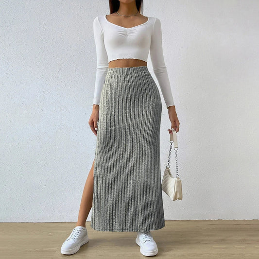 Elegant Ribbed Long Slim Elastic Side Slit Skirt