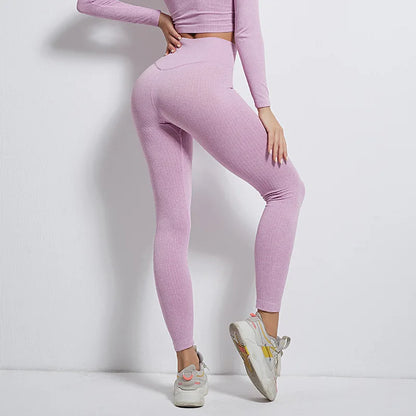 Women Seamless Striped High Yoga Workout Fitness Ribbed Elastic Sportwear Leggings