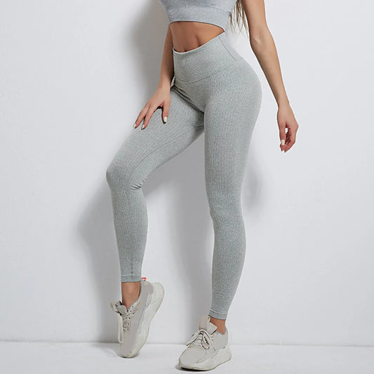 Women Seamless Striped High Waist Scrunch Yoga Workout Fitness Ribbed Sportwear Leggings